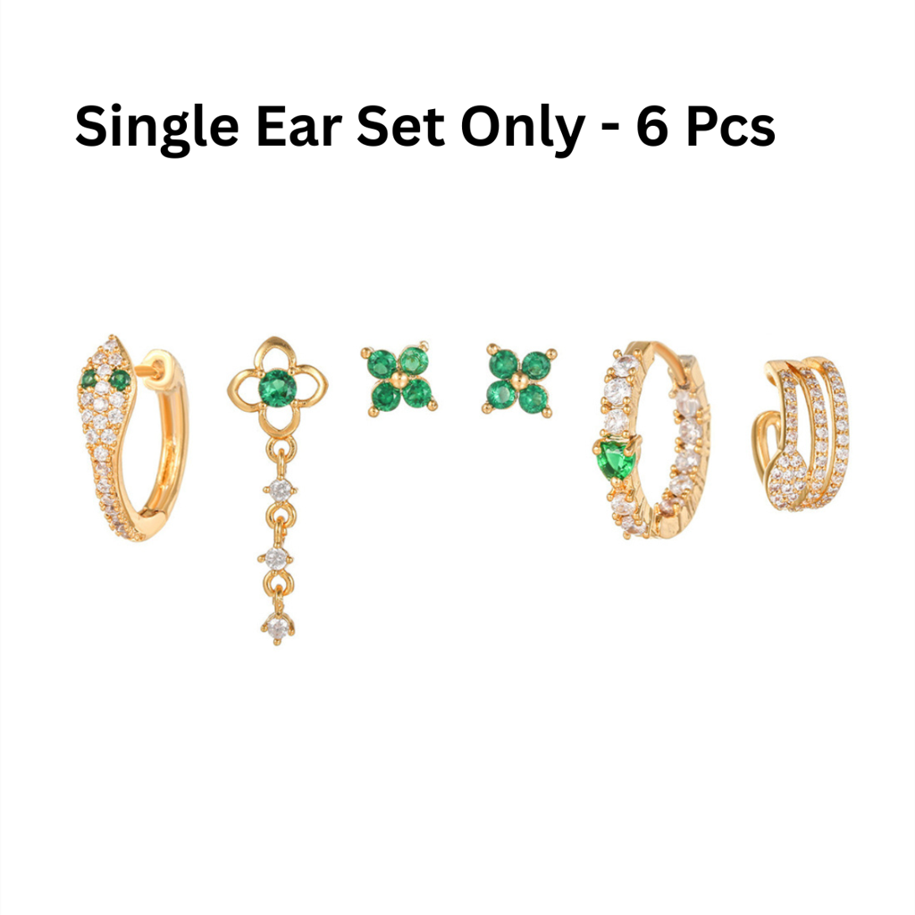 Set Of 6 18K Plated Anti-Tarnish Green Snake Earring Set For Single Ear Only : AWU0125E105GR