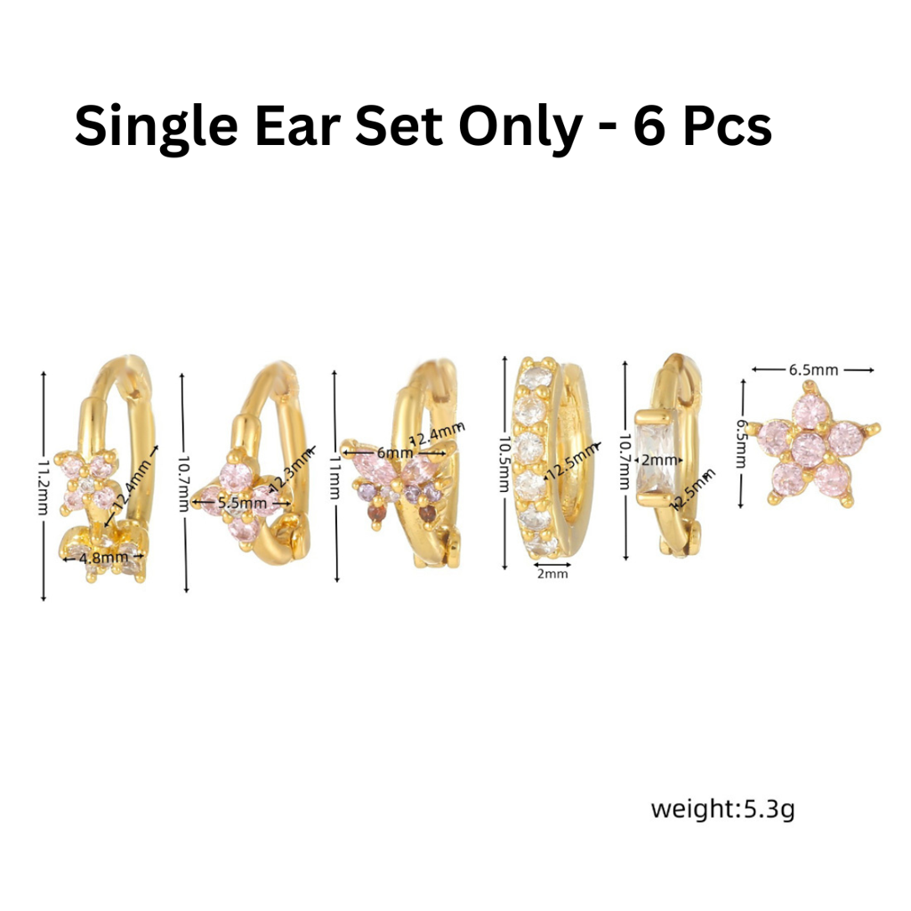 Set Of 6 18K Plated Antitarnish Butterfly Floral Earring Set For Single Ear Only : AWU0125E138PK