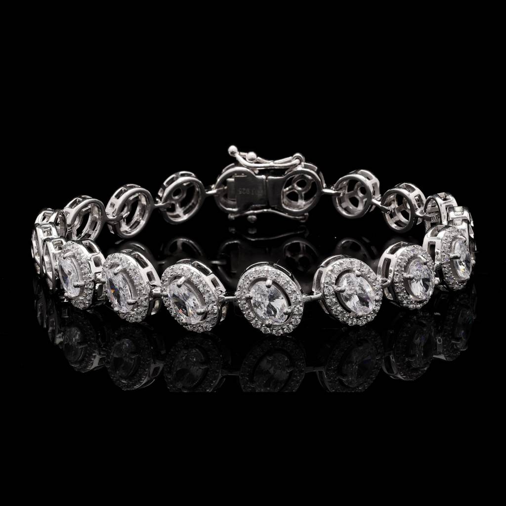 Premium 50 Pointer Oval Solitaire Tennis Bracelet With Diamond Cluster On Pure 925 Silver. : TB4127