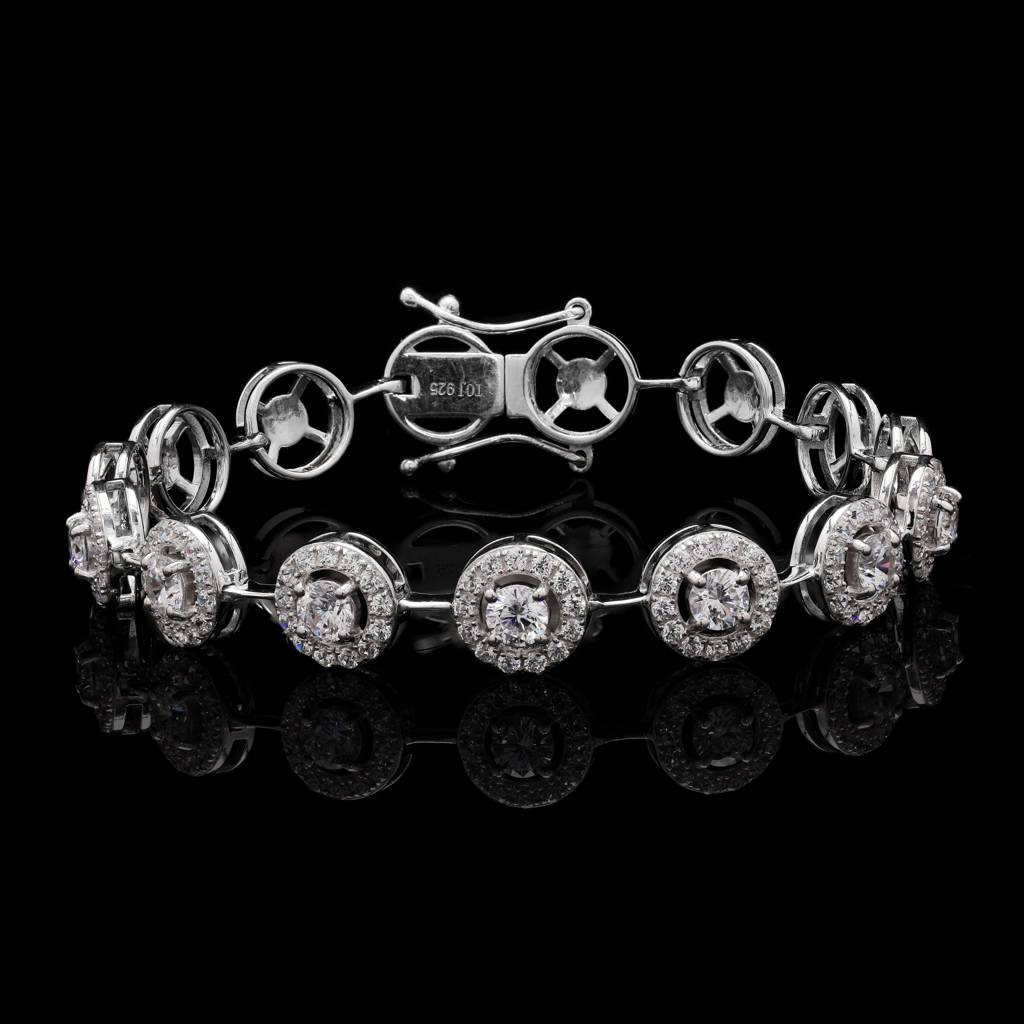 Premium Halo Tennis Bracelet With 25 Pointer Solitaires And Diamond Cluster On Pure 925 Silver : TB4133