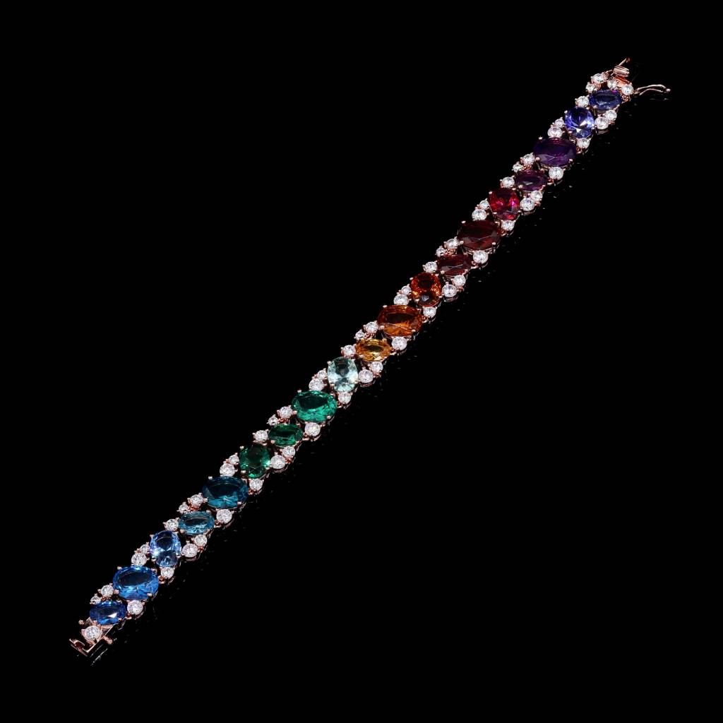 Ultra Premium Oval Cut Solitaire Rainbow Tennis Bracelet On Pure 925 Silver : TB4171