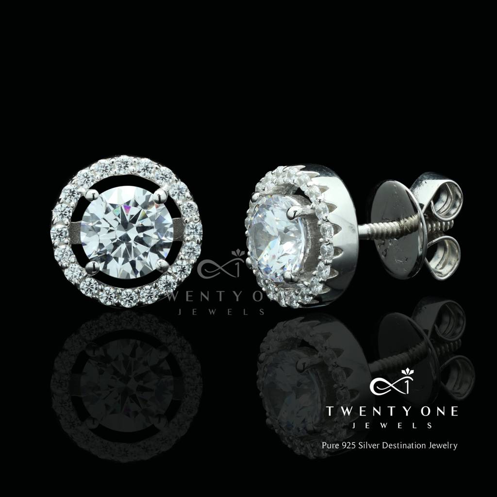 1 Carat Solitaire Classic Halo Studs With Premium Screw Backs On Pure 925 Silver : TE2101