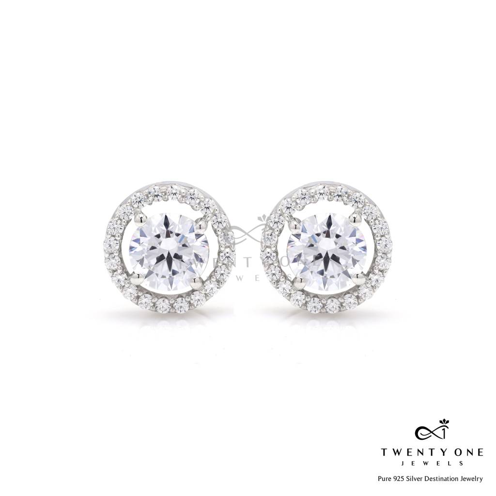 1 Carat Solitaire Classic Halo Studs With Premium Screw Backs On Pure 925 Silver : TE2101