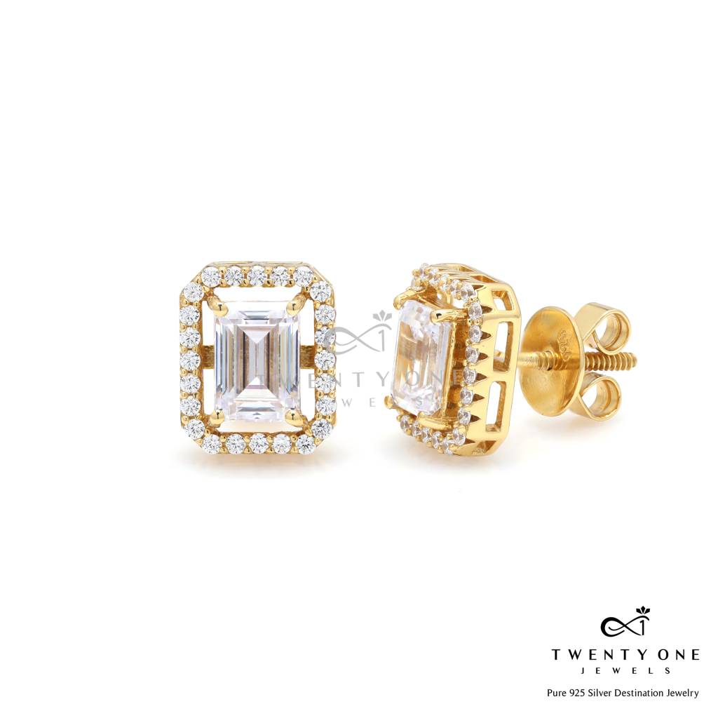 1.5 Carat Emerald Cut Princia Solitaire Studs With Screw Backs - Gold Finish : TE2106