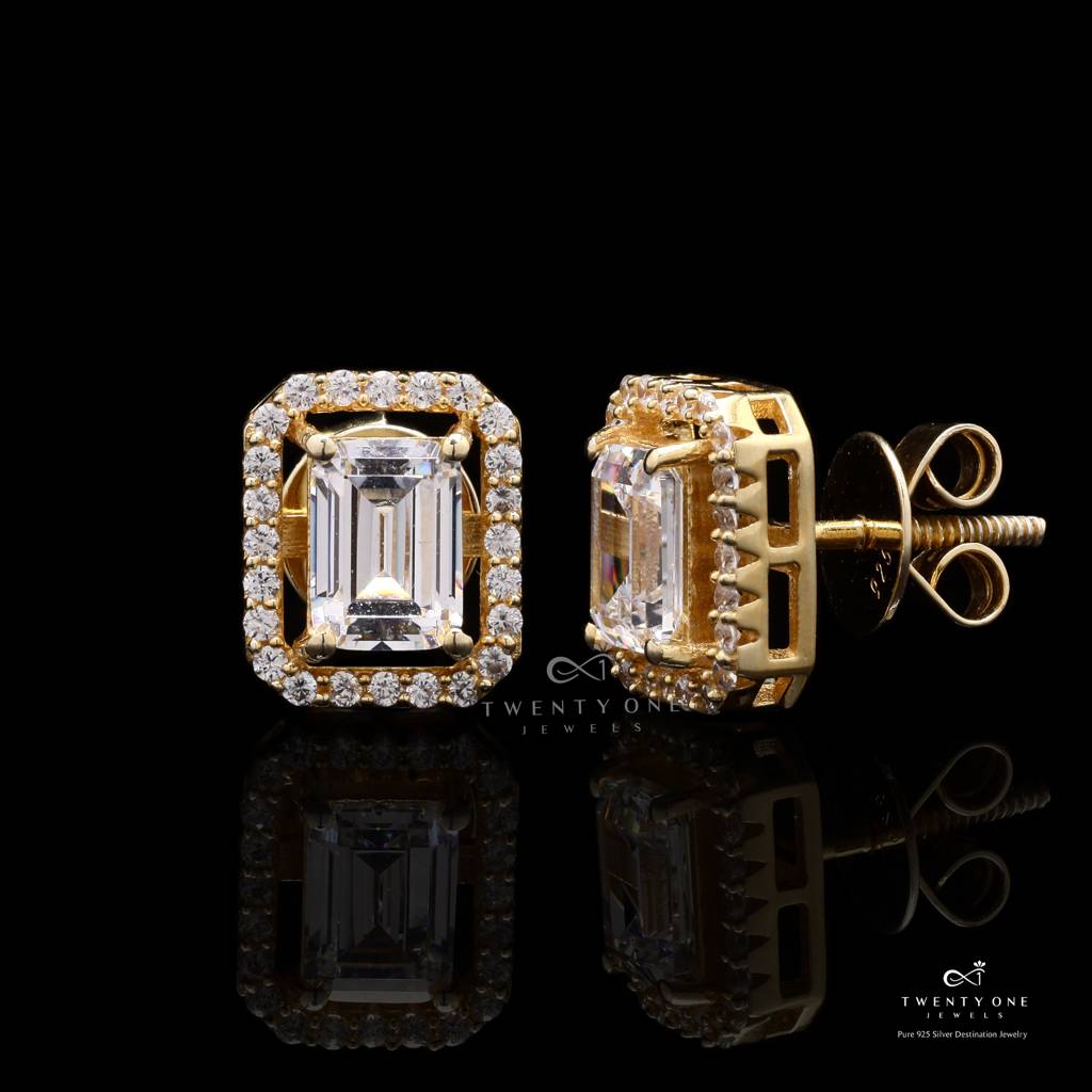 1.5 Carat Emerald Cut Princia Solitaire Studs With Screw Backs - Gold Finish : TE2106