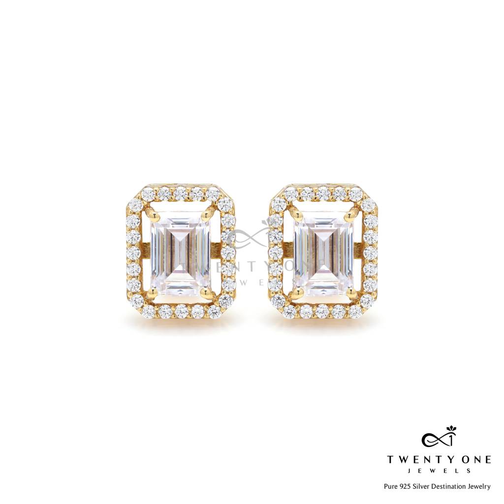 1.5 Carat Emerald Cut Princia Solitaire Studs With Screw Backs - Gold Finish : TE2106