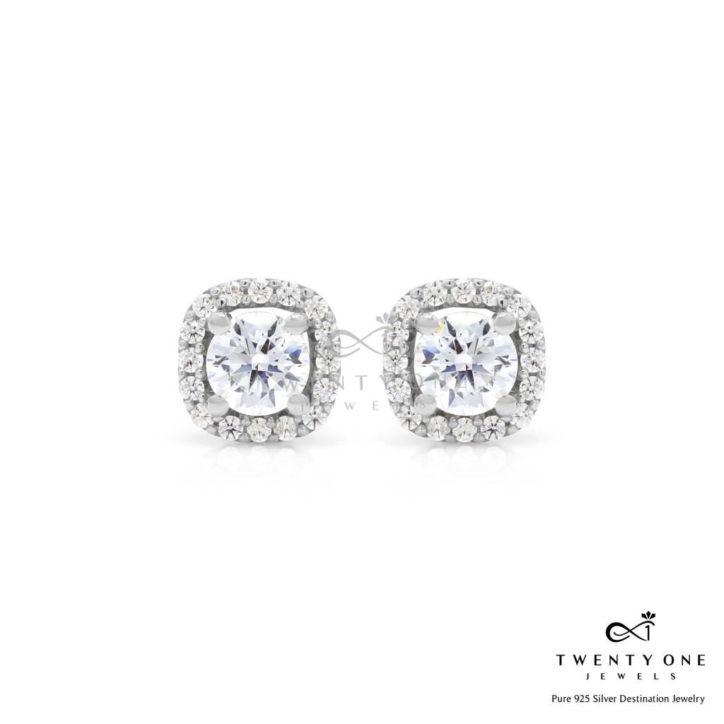 50 Cents Solitaire Deneese Square Border Solitaire Studs With Premium Screw Backs - White Gold Finish : TE2107