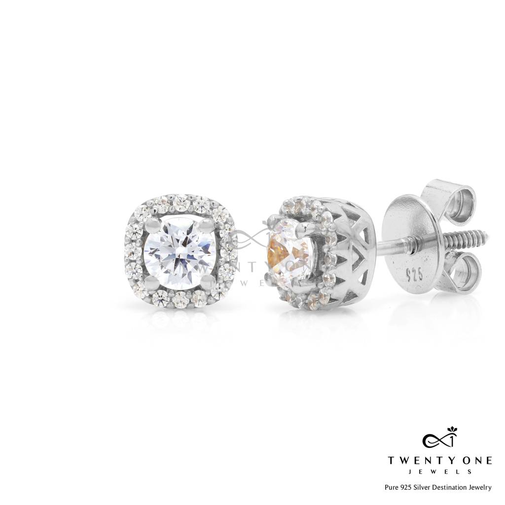 50 Cents Solitaire Deneese Square Border Solitaire Studs With Premium Screw Backs - White Gold Finish : TE2107