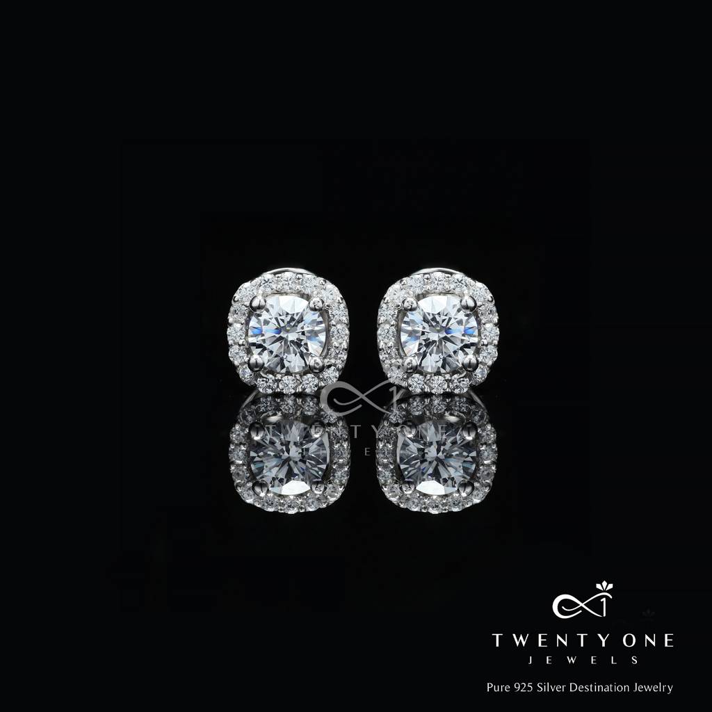 50 Cents Solitaire Deneese Square Border Solitaire Studs With Premium Screw Backs - White Gold Finish : TE2107