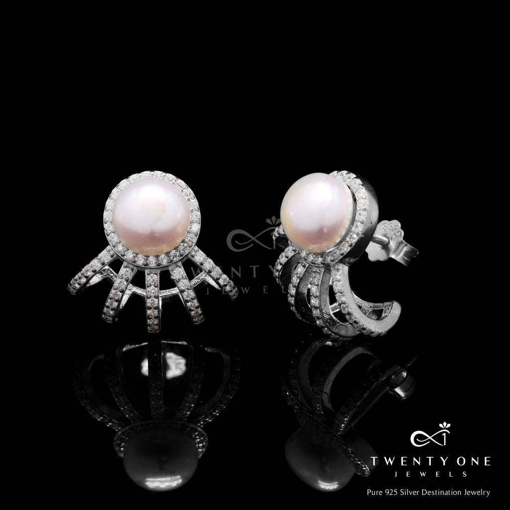 Fresh Water Pearl Crown Earrings On Pure 925 Silver (White Gold Finish) : TE2117