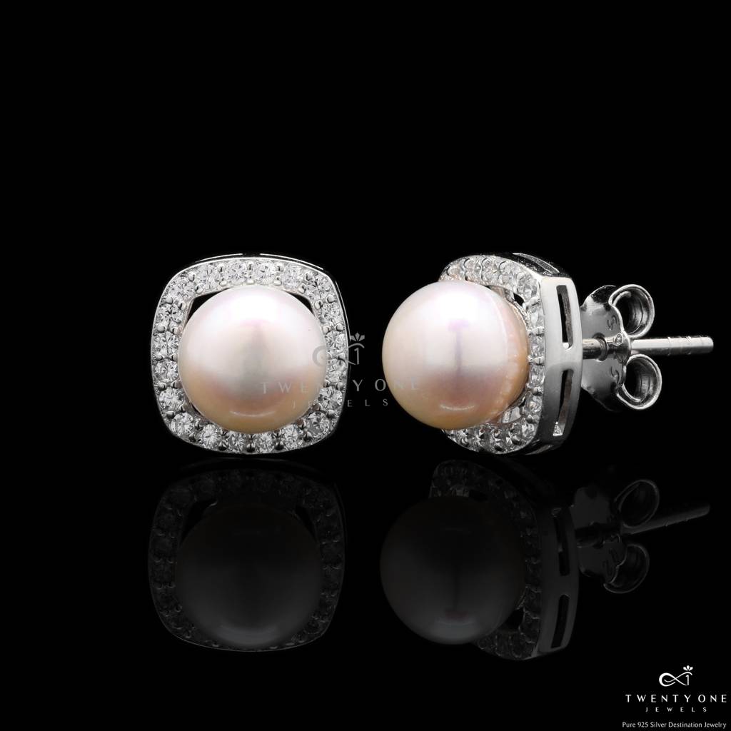 Fresh Water Pearl Elitsa Studs On 925 Silver (White Gold Finish) : TE2129