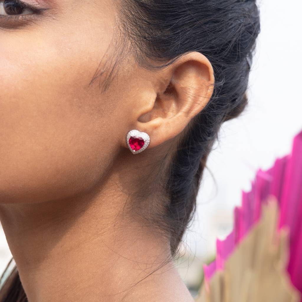 3 Carat Faux Ruby Heart Solitaire Love Studs On Pure 925 Silver : TE2173