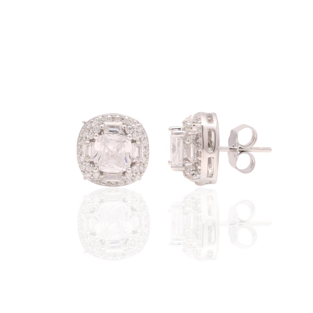 Cushion Cut Solitaire Vallery Studs On Pure 925 Silver : TE2174