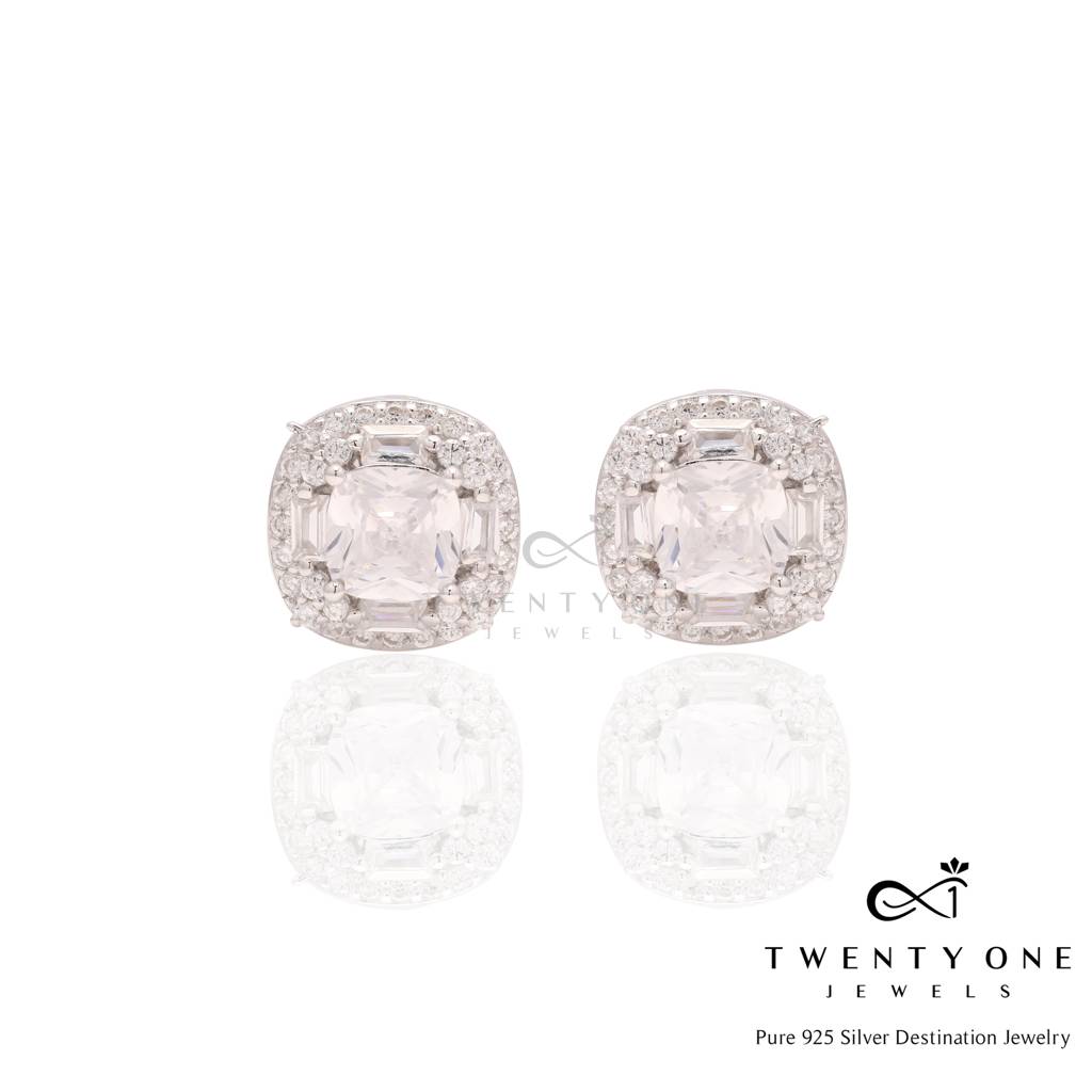 Cushion Cut Solitaire Vallery Studs On Pure 925 Silver : TE2174
