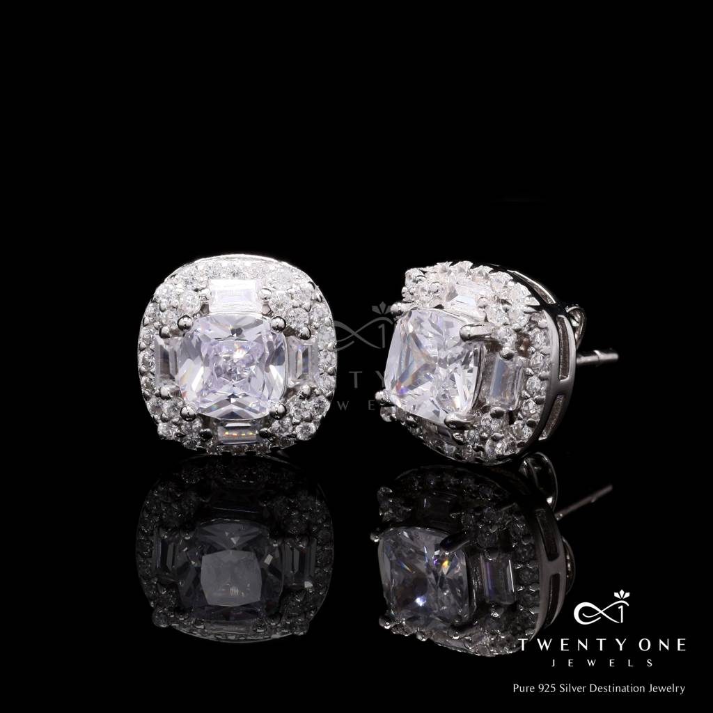 Cushion Cut Solitaire Vallery Studs On Pure 925 Silver : TE2174