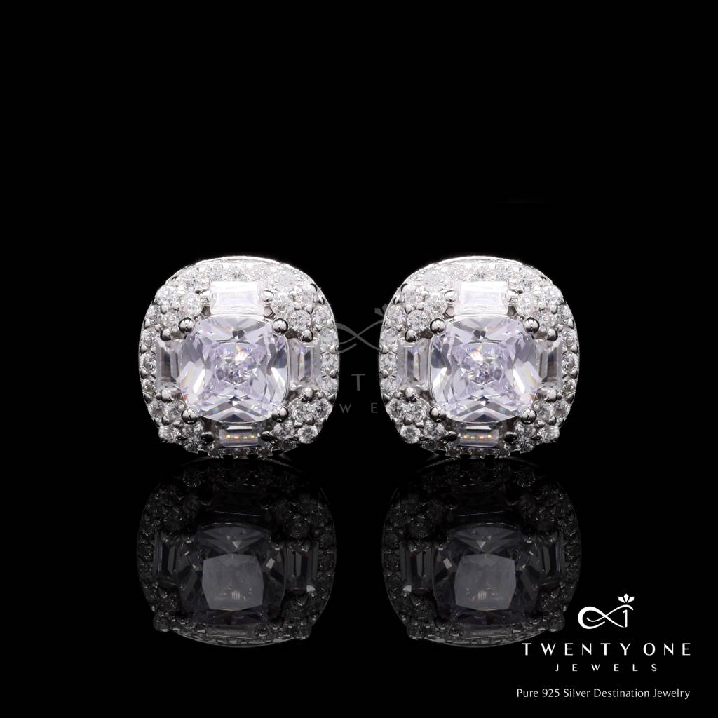 Cushion Cut Solitaire Vallery Studs On Pure 925 Silver : TE2174