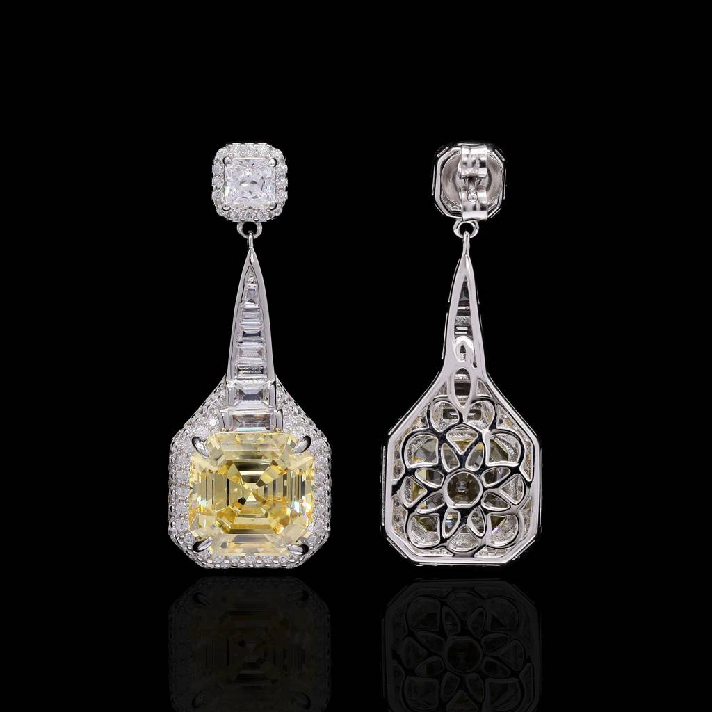 Premium Handcrafted Yellow Ascher Cut Diamond Party Danglers With Baguettes On Pure 925 Silver : TE2192