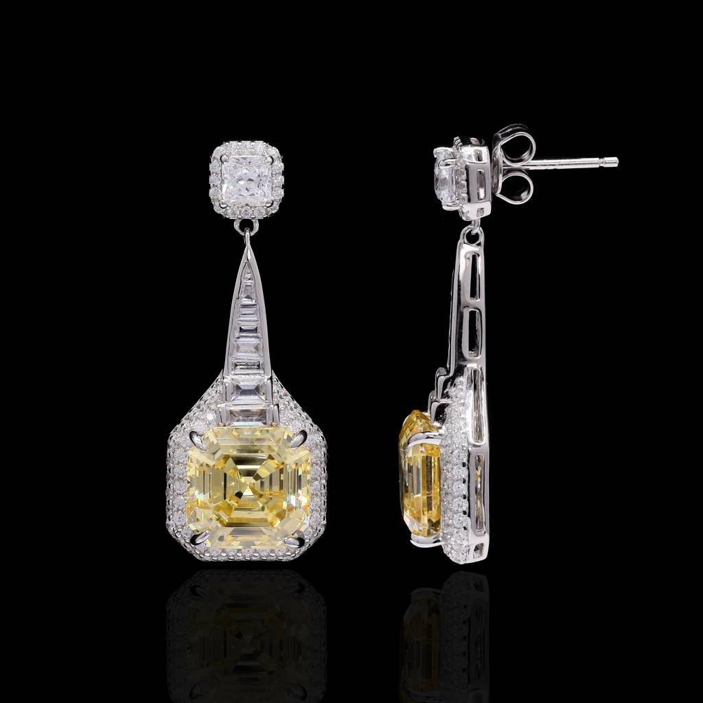 Premium Handcrafted Yellow Ascher Cut Diamond Party Danglers With Baguettes On Pure 925 Silver : TE2192