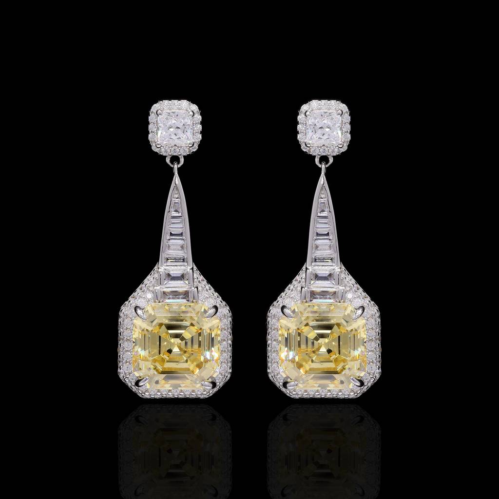 Premium Handcrafted Yellow Ascher Cut Diamond Party Danglers With Baguettes On Pure 925 Silver : TE2192
