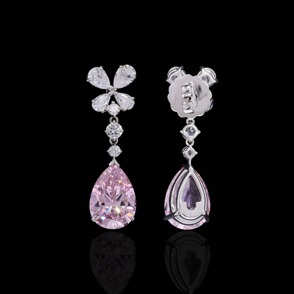 Premium Handcrafted Drop And Round Cut Solitaire Party Earrings With Statement Pink Diamond Drop On Pure 925 Silver : TE2198