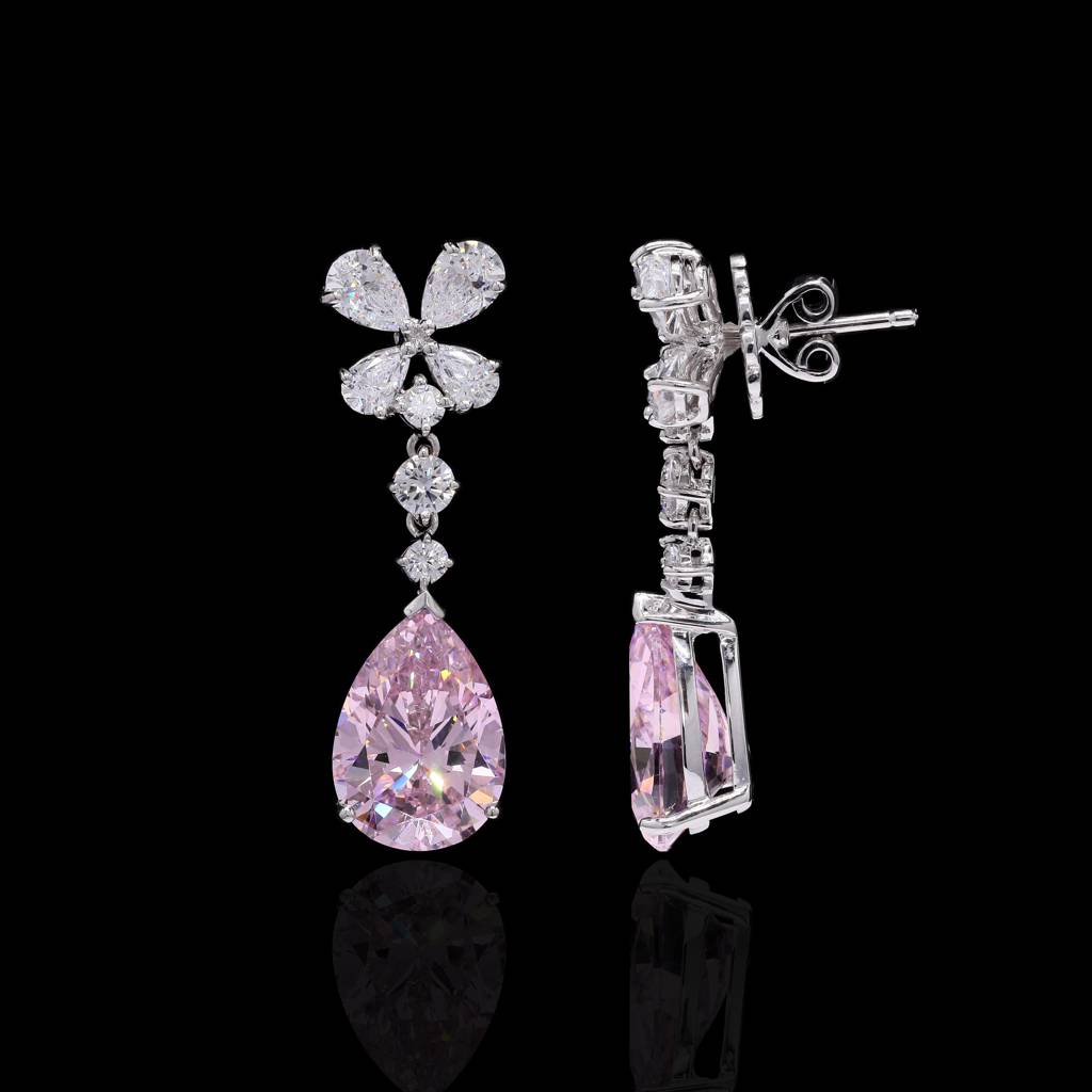 Premium Handcrafted Drop And Round Cut Solitaire Party Earrings With Statement Pink Diamond Drop On Pure 925 Silver : TE2198