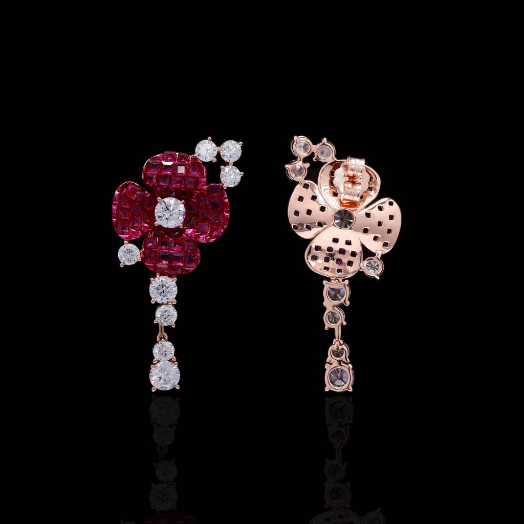 Premium Handcrafted Invisible Setting Rose Gold Party Earrings With Round Cut Solitaires On Pure 925 Silver : TE2199