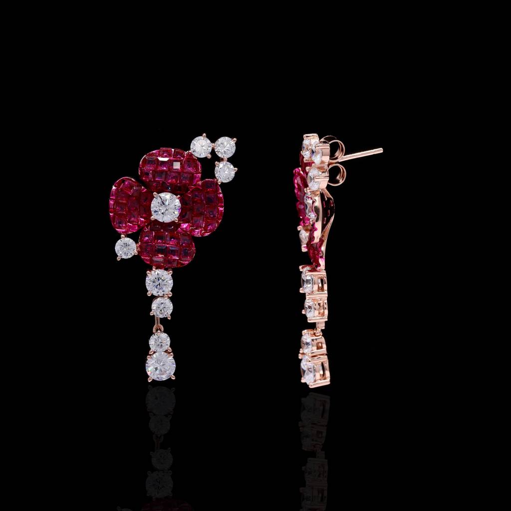 Premium Handcrafted Invisible Setting Rose Gold Party Earrings With Round Cut Solitaires On Pure 925 Silver : TE2199