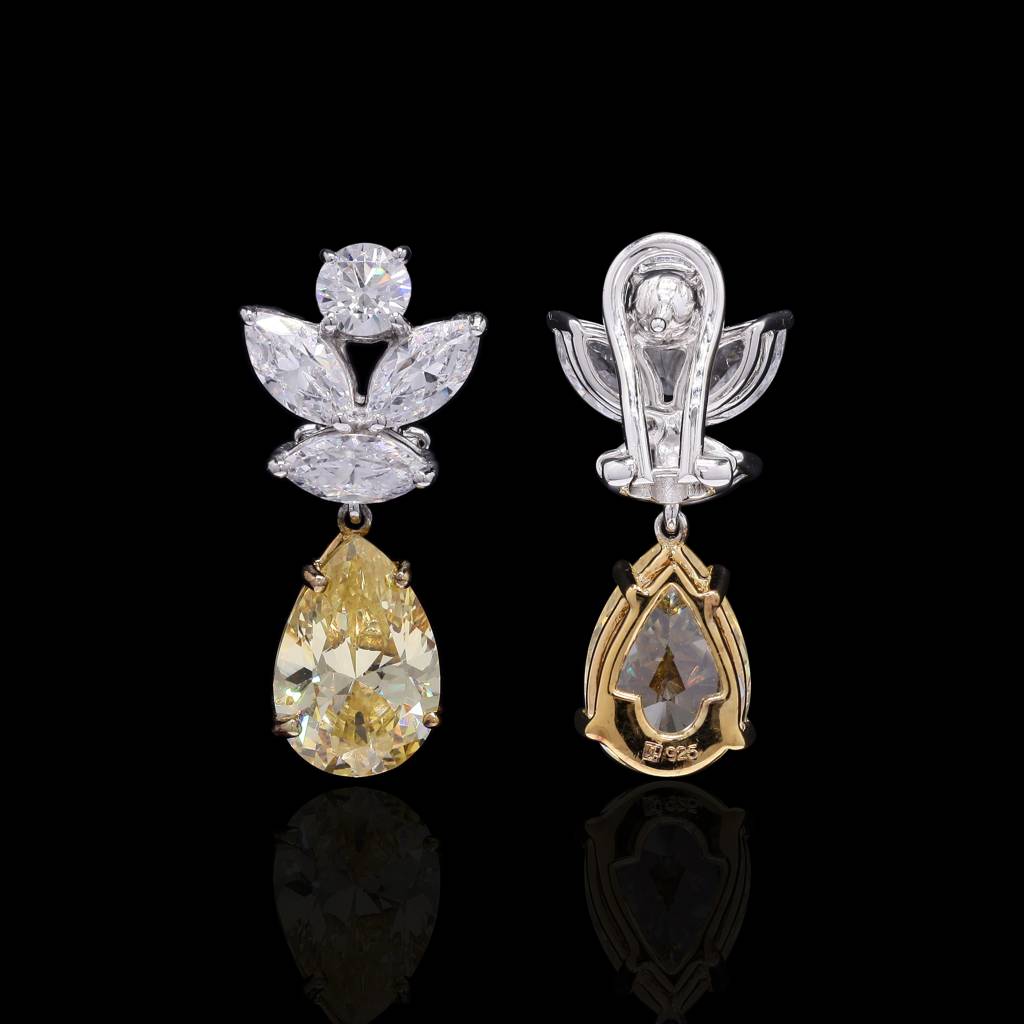 Premium Handcrafted Yellow Diamond Drop Solitaire Statement Party Earrings On Pure 925 Silver : TE2201