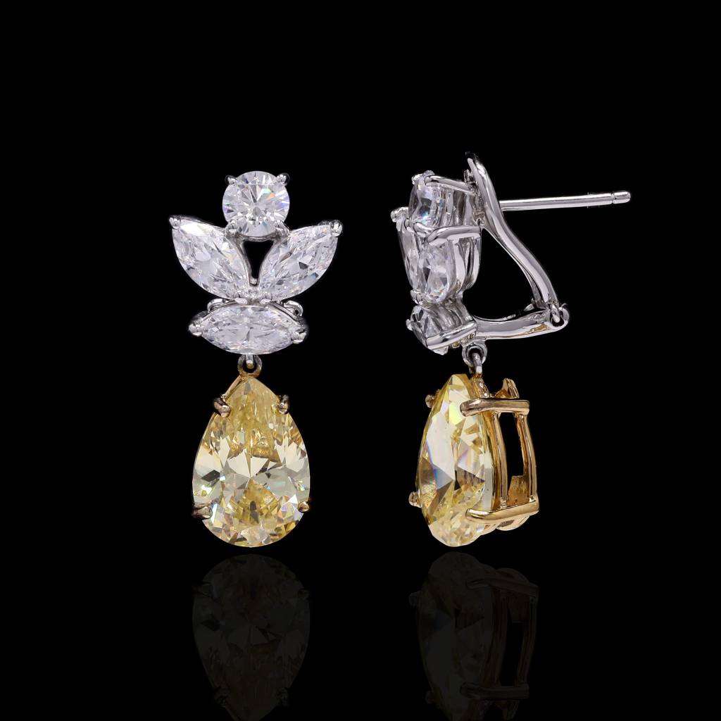 Premium Handcrafted Yellow Diamond Drop Solitaire Statement Party Earrings On Pure 925 Silver : TE2201