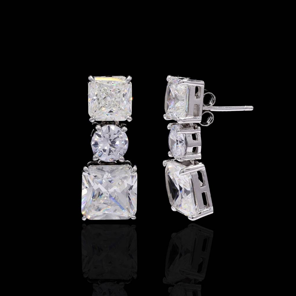 Premium 3 Layer Solitaire Danglers With Asher Cut And Round Cut Solitaire On Pure 925 Silver : TE2202