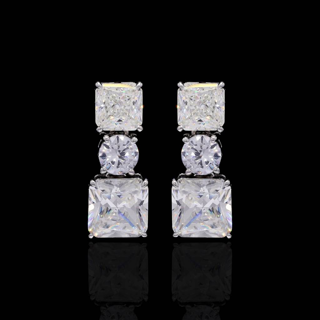 Premium 3 Layer Solitaire Danglers With Asher Cut And Round Cut Solitaire On Pure 925 Silver : TE2202