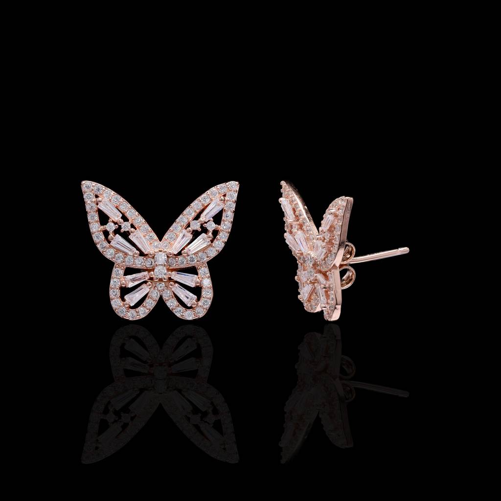 Rose Gold Butter Fly Earrings With American Diamond Tapers On Pure 925 Silver : TE2203