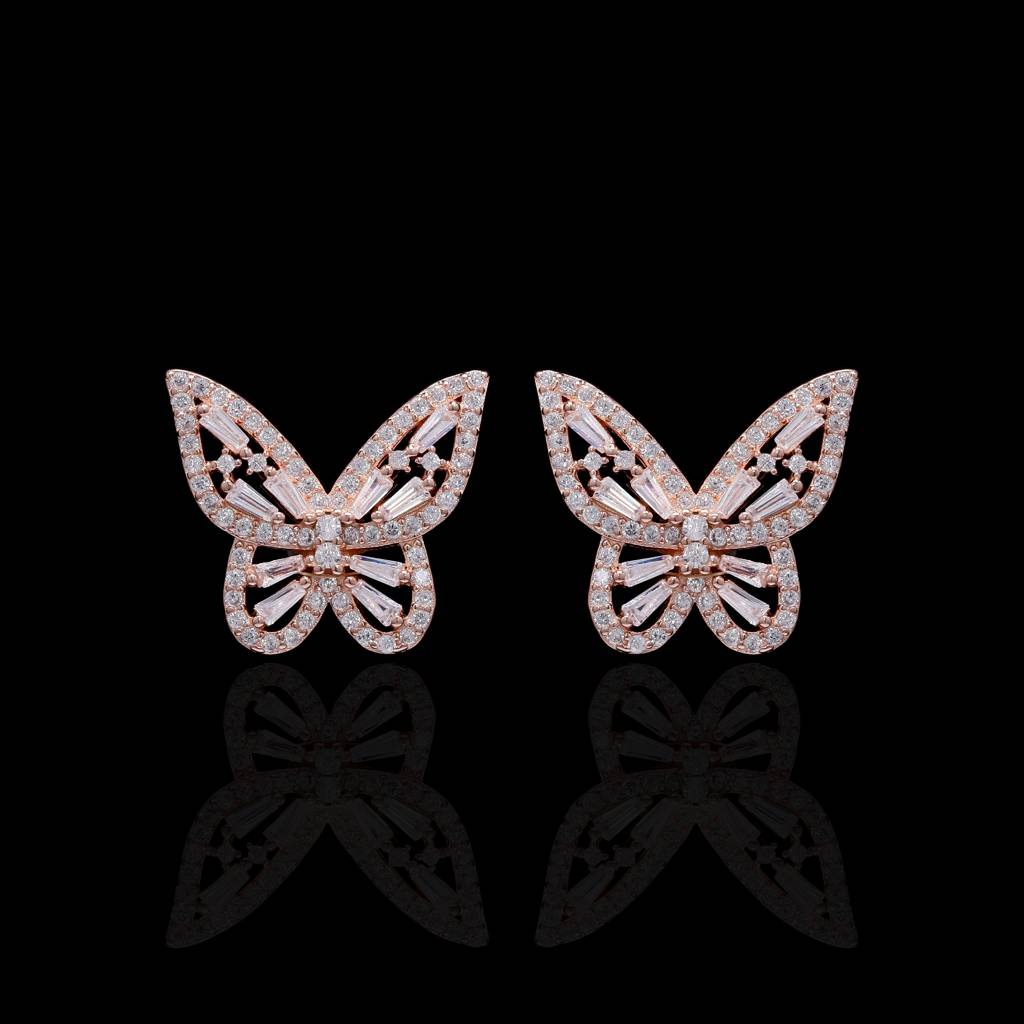 Rose Gold Butter Fly Earrings With American Diamond Tapers On Pure 925 Silver : TE2203