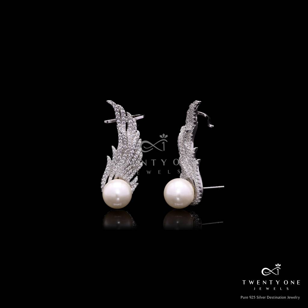 Premium American Diamond Studded Eagle Wing Cuff Earrings With Fresh Water Pearls On Pure 925 Silver : TE2212