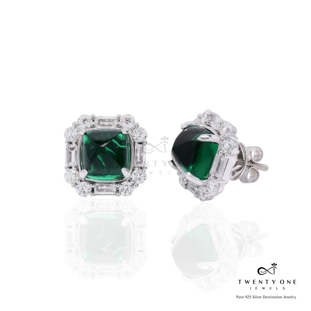 Premium Green Emerald Cabochon Shukra Statement Stud Earrings With Screw Backs On Pure 925 Silver : TE2217