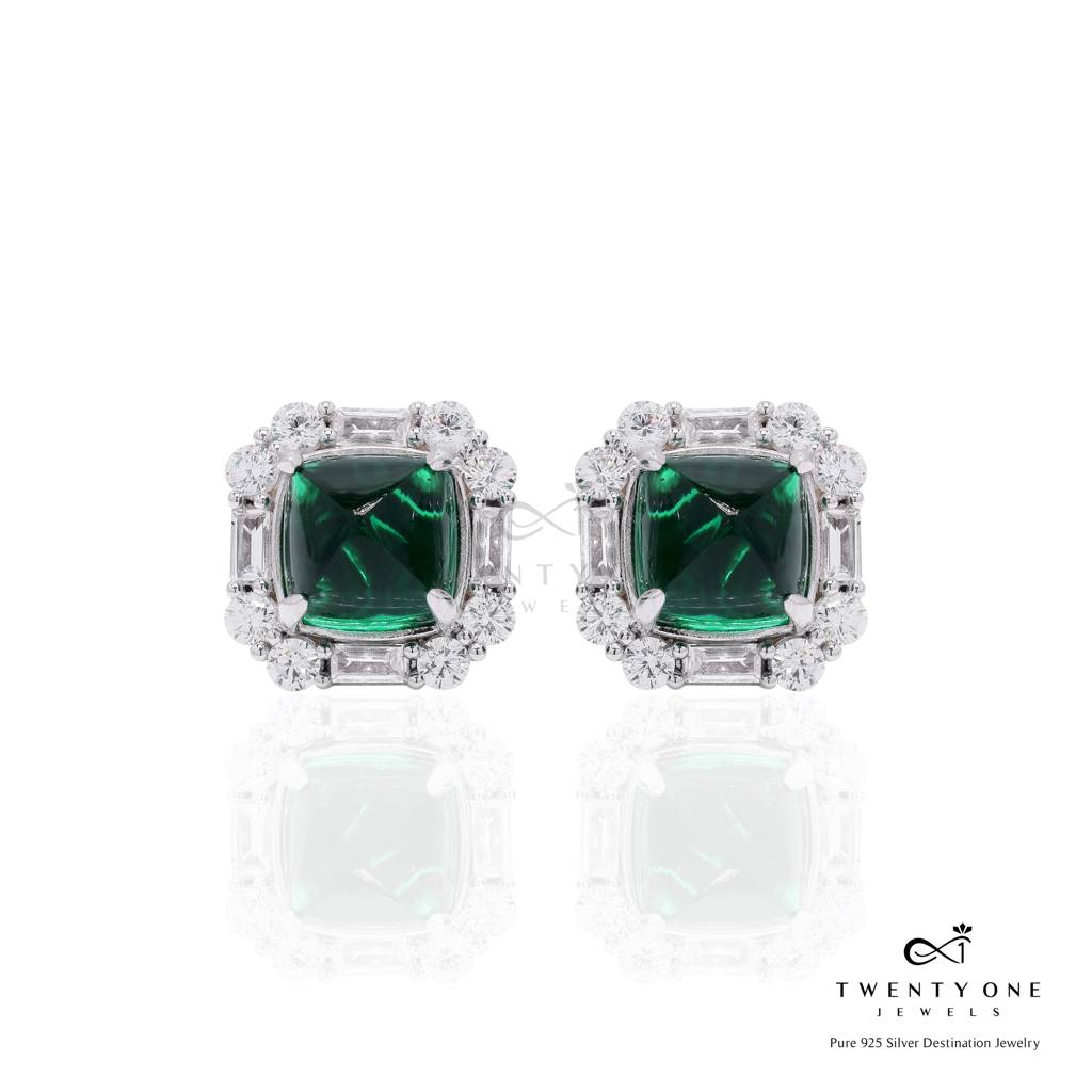 Premium Green Emerald Cabochon Shukra Statement Stud Earrings With Screw Backs On Pure 925 Silver : TE2217