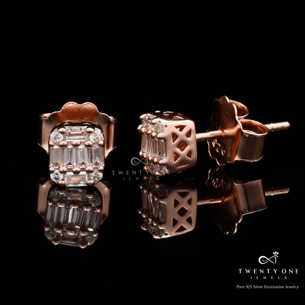 Rose Gold American Diamond Studded Emma Stud On Pure 925 Silver. : TE2233