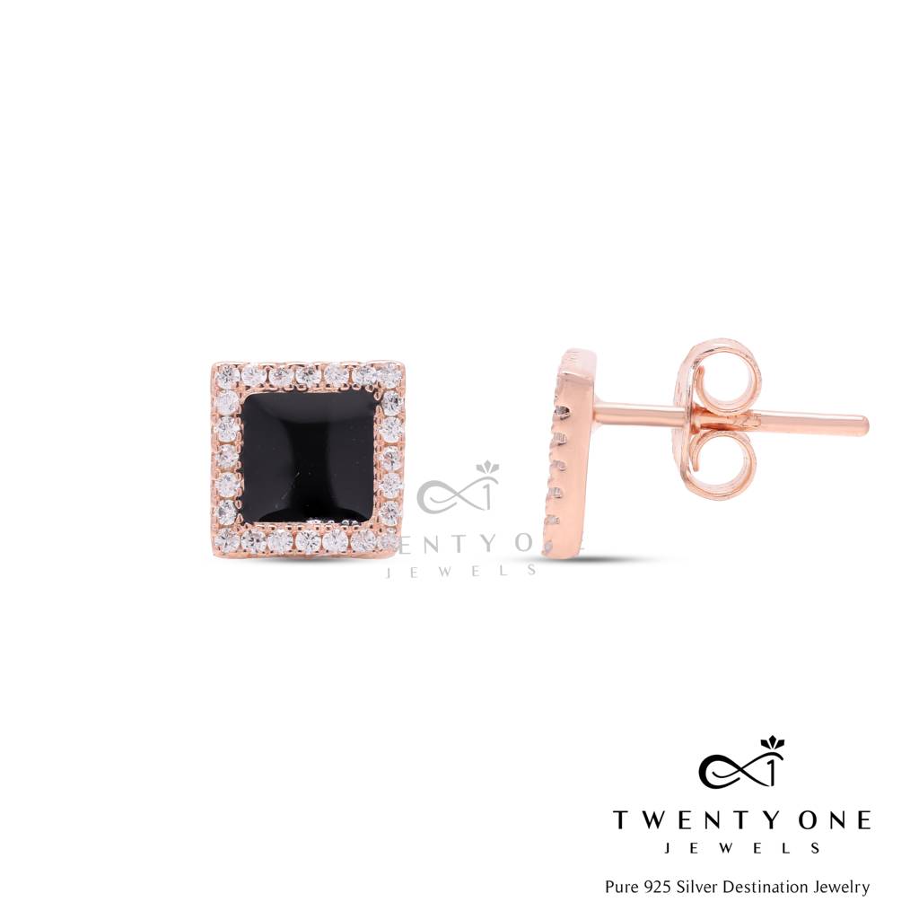 Black Enamel And American Diamond Auris Rose Gold Finish Studs On Pure 925 Silver : TE2252