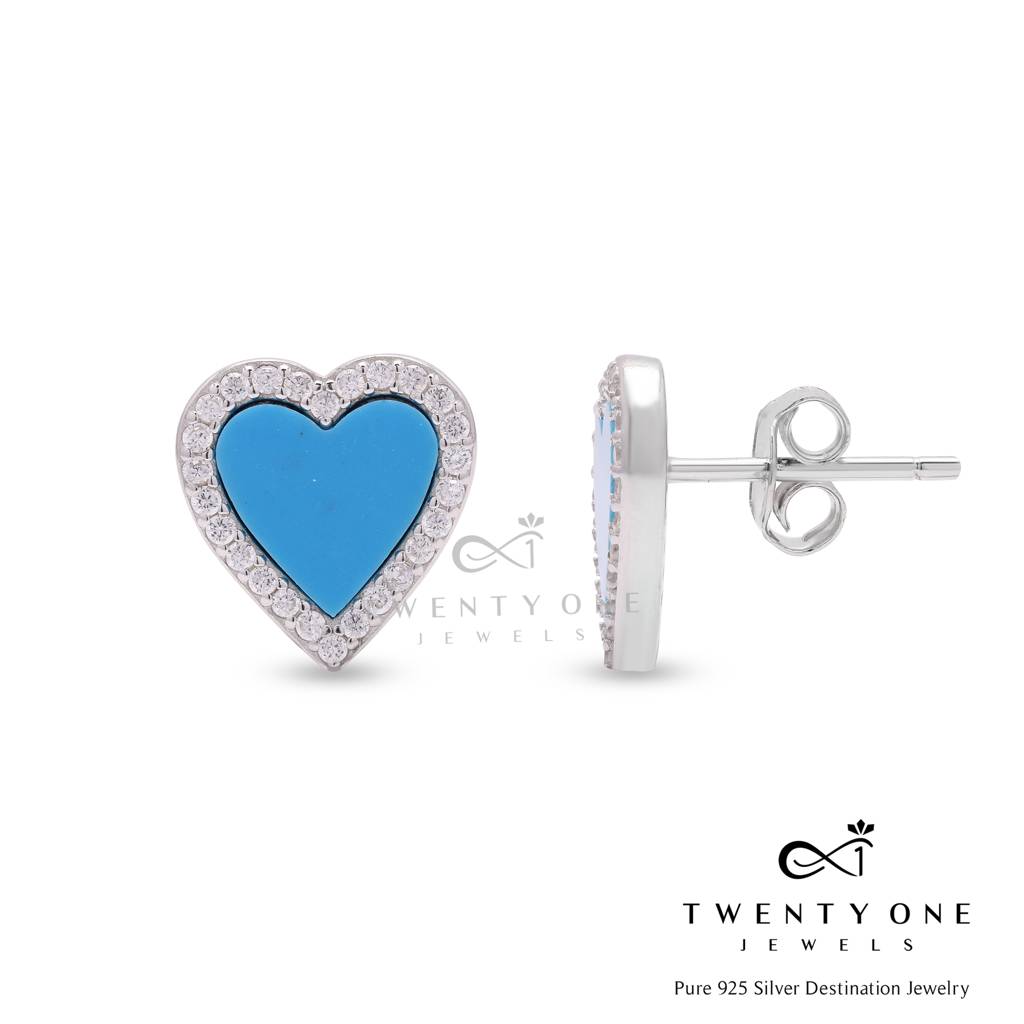 Blue Enamel Heart Studs With Diamond Border On Pure 925 Silver... : TE2262