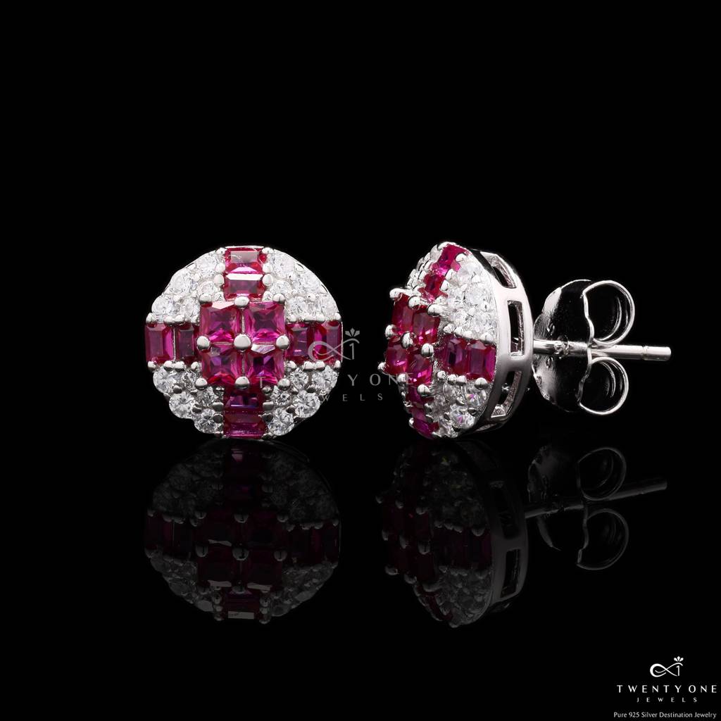 Diamond Studded With Ruby Baguette Clovia Studs On 925 Siver : TE2271