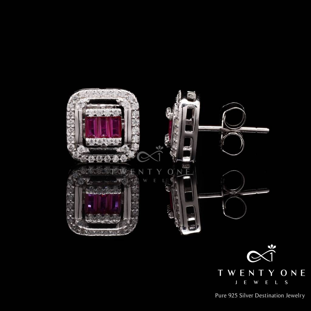 Ruby Baguette And Diamond Studded Rosetta Studs On 925 Silver. : TE2275
