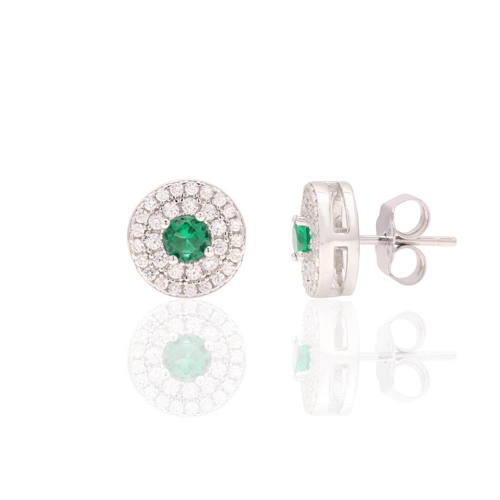 American Diamond Studded Green Emerald Georgina Studs With Centre Green Emerald On Pure 925 Silver. : TE2280