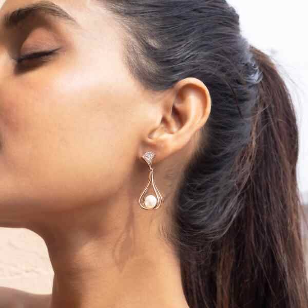 Rose Gold Finish Pearl Pavillion Danglers On Pure 925 Silver : TE2286