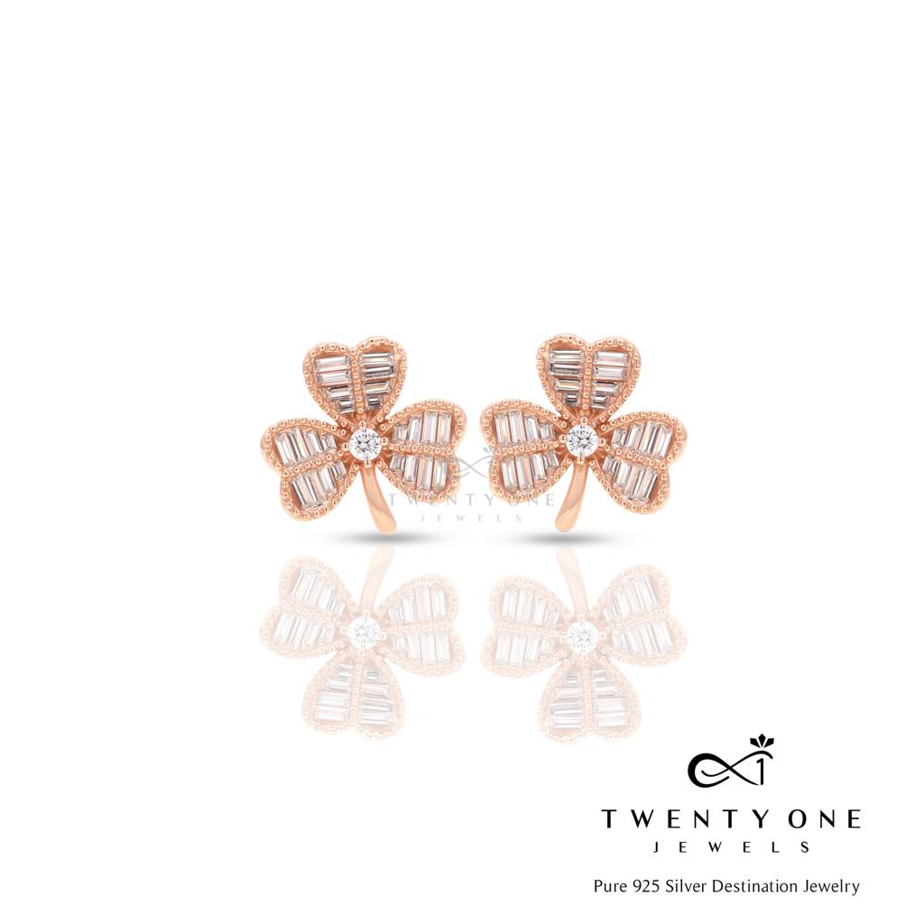 Rose Gold Finish Maple Leaf Studs With American Diamond Baguettes On Pure 925 Silver : TE2287