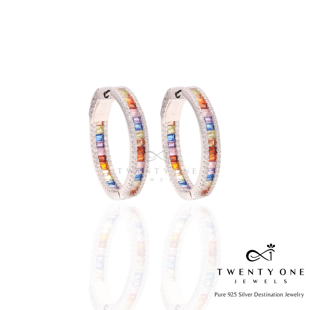 Multi Coloured Baguette Diamond Classic Round Hoops On Pure 925 Silver : TE2310