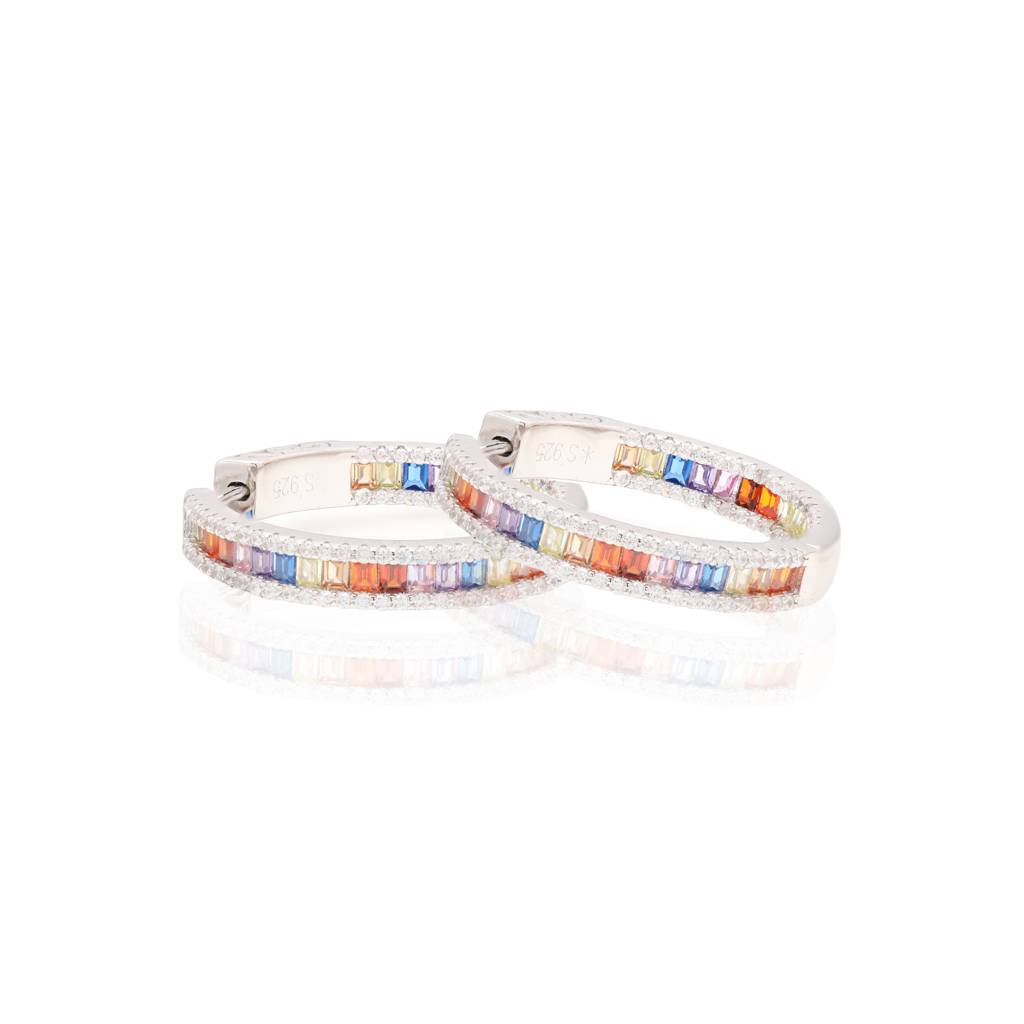 Multi Coloured Baguette Diamond Classic Round Hoops On Pure 925 Silver : TE2310