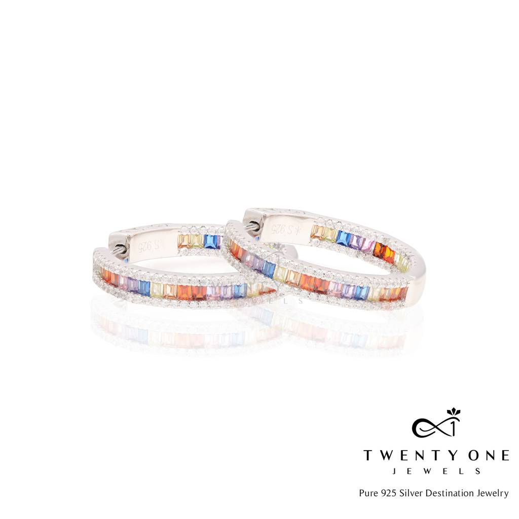 Multi Coloured Baguette Diamond Classic Round Hoops On Pure 925 Silver : TE2310