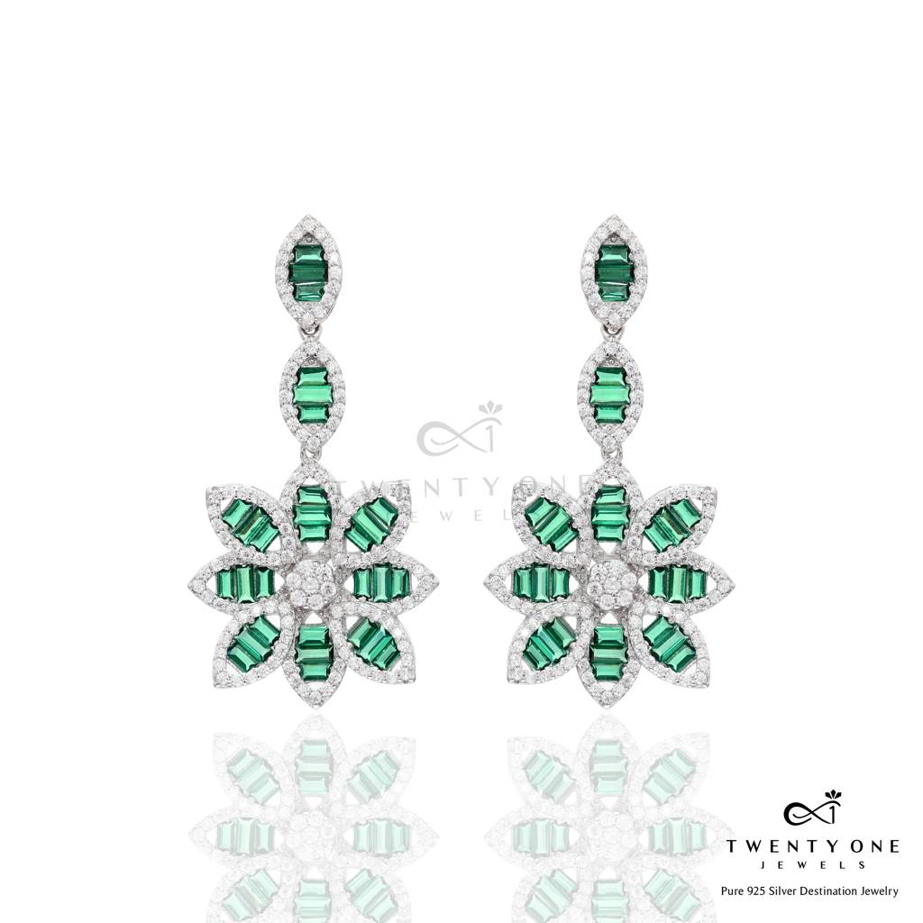 American Diamond Studded Green Emerald Baguette Aliyah Long Earrings On Pure 925 Silver. : TE2319