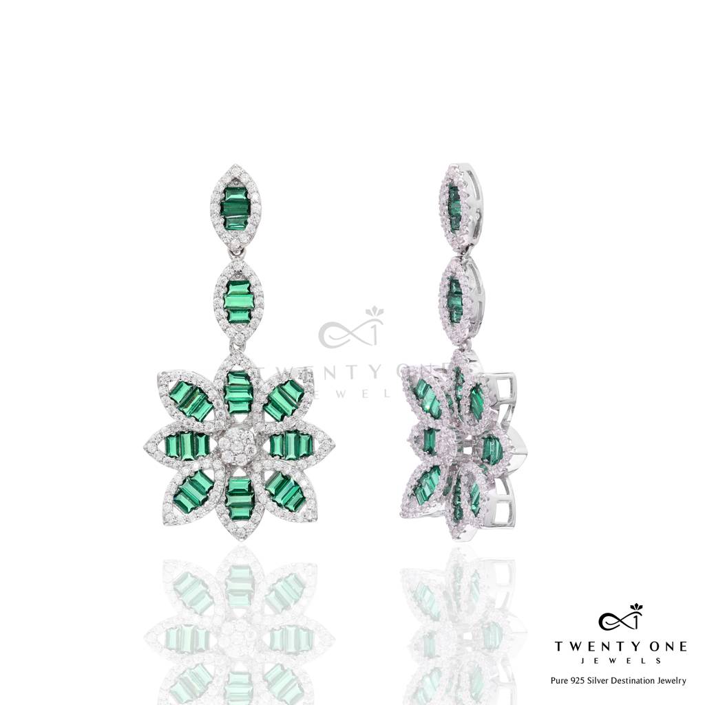 American Diamond Studded Green Emerald Baguette Aliyah Long Earrings On Pure 925 Silver. : TE2319