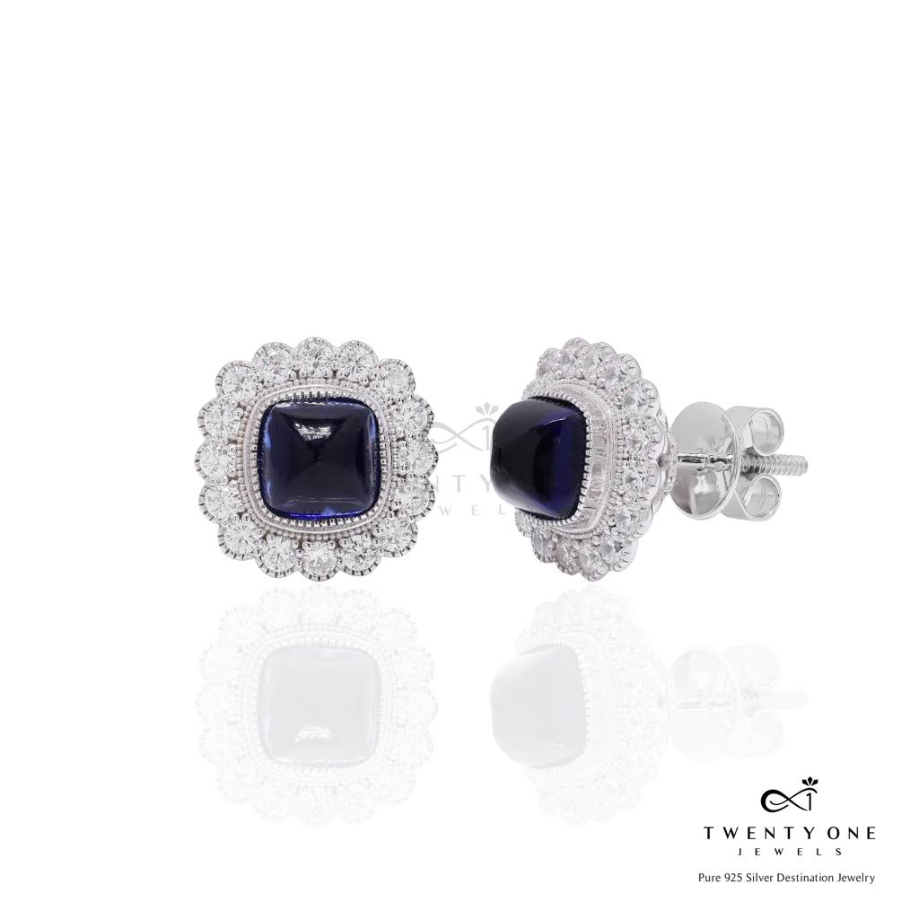 Premium Hydro Blue Sapphire Cabochon Tara Stud Earrings With Premium Screw Backs On Pure 925 Silver : TE2333